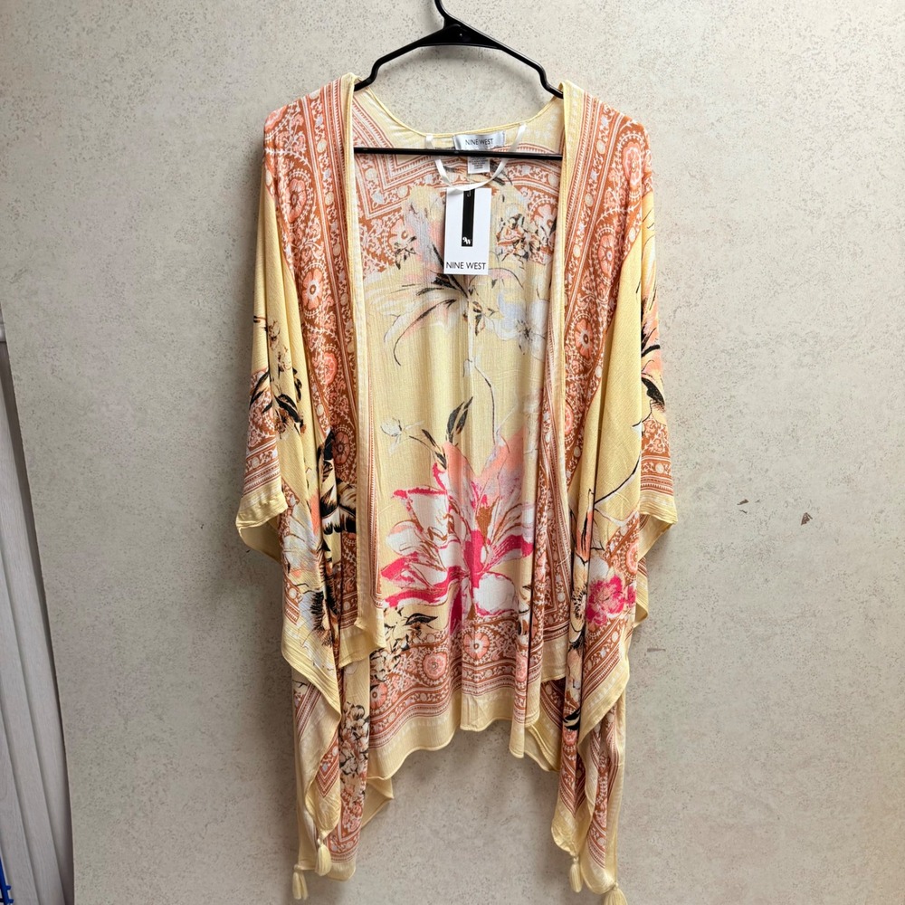 Nine West NWT OS Floral Print‎ Open Front Yellow Peach Boho Light Weight Kimono
